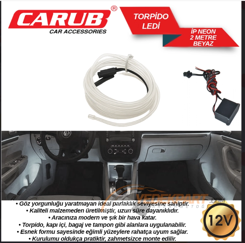 CARUB ARAÇ İÇİ TORPİDO LEDLİ 12 V İP NEON BEYAZ 2MT